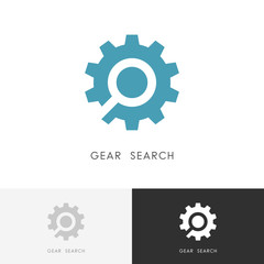 Gear search logo - wheel or pinion and loupe or magnifier symbol. Industry, equipment and repair vector icon.