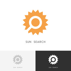 Sun search logo - warm sunny weather and loupe or magnifier symbol. Travel agency and hot summer vector icon.