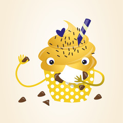 Cheerful cake with whipped cream, confectionery, baby illustration, cupcakes