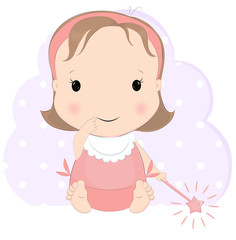 Cute baby girl with magic wand card's design. Pretty sitting kid cartoon character vector illustration. Little princess. 
