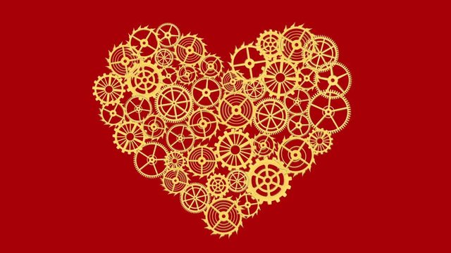 Heart with gears Isolated on red background. Full HD