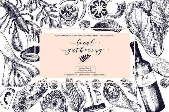 Vector hand drawn banner local gatherings. Frame composition. Wine, seafood, cheese, chicken meet, vegetables cabbage, tomato, olive, corn. Engraved art.