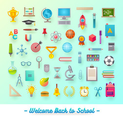 Set of school items, object, supplies and accessories - vector illustration.