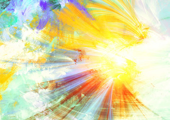Summer sun. Abstract bright color painting texture in lighting effect. Modern artistic motion background and flash. Fine futuristic pattern. Fractal artwork for creative graphic design