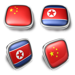 3D Metalic china and north korea square flag Button Icon Design Series. 3D World Flag Button Icon Design Series.