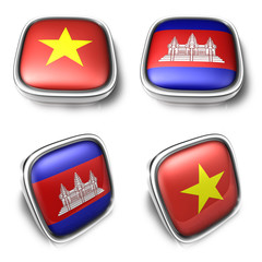 3D Metalic vietnam and cambodia square flag Button Icon Design Series. 3D World Flag Button Icon Design Series.