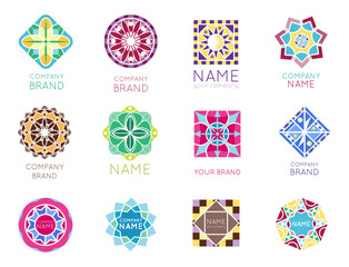 Abstract triangular polygonal shape kaleidoscope geometry company brand logo badge template circle decorative vector icon.