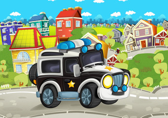 Obraz na płótnie Canvas cartoon funny looking policeman off road truck driving through the city - illustration for children