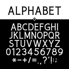 Serif Font, Black Alphabet, Numbers and Mathematical Signs, Strict Typeface, Vector Illustration