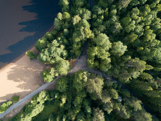 Aerial view of the crossroad in the forest