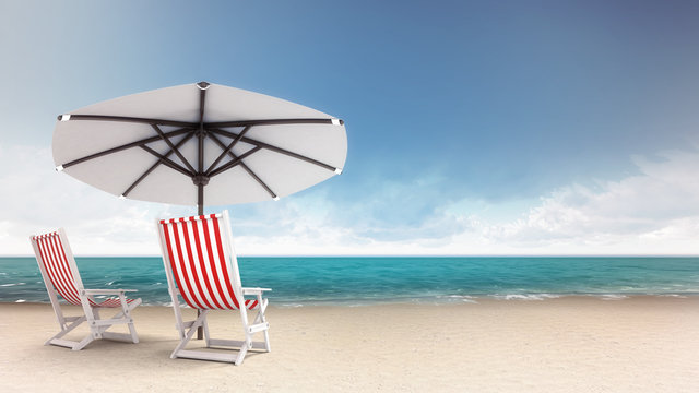 sandy beach with two seats and parasol