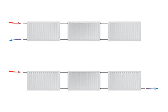 Two different heating systems with steel panel radiators on a white background.