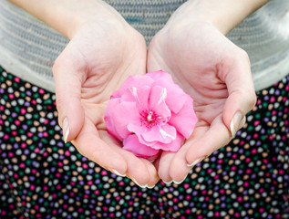 Woman holding a flower in the hands