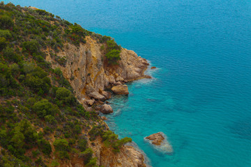 Greece, Mediterranean sea, harbor. Greek island Thassos landscape, mountains, beach.