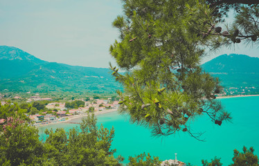 Greece, Mediterranean sea, harbor. Greek island Thassos landscape, mountains, beach.