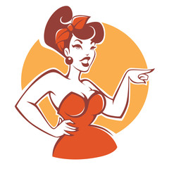 plus size pinup girl in red dress on beige background for your logo or emblem - 166205918