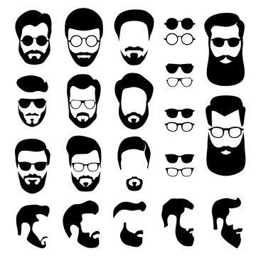 Set of men's faces with different haircuts, mustaches, beards and glasses. Flat design. Silhouettes, emblems, icons, labels isolated on white background. Vector EPS10.