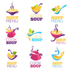 cook soup, vector collection of bowl full of tasty soup for your menu, logo, emblems and symbols