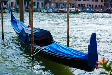 Fototapeta na wymiar Gondolas moored on the Grand Canal, Venice, Italy