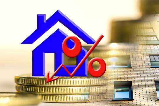 Red Percent Sign On A Background Of Money . The Concept Of Price Changes On The Real Estate Market .