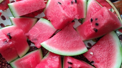 background, berry, delicious, food, fresh, fruit, helpful, juicy, pink, red, slices of watermelon, summer dessert, sweet, texture, watermelon, watermelon seeds