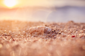 Blur tropical sunset beach with bokeh sun light sand abstract background.