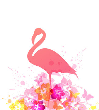 Summer background with pink flamingo