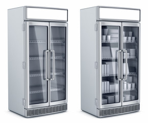 Fototapeta premium Refrigerated display case is empty and with the goods. 3d image, isolated on white.