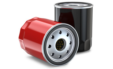 Red and black automobile oil filter, 3D render, isolated on white background