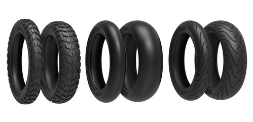 Front and rear, racing, road and off-road, motorcycle tires. 3d rendering, 3D illustration, isolated on white background © www3d