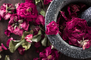 Dried rose petals for tea, alternative medicine ,Copy space.