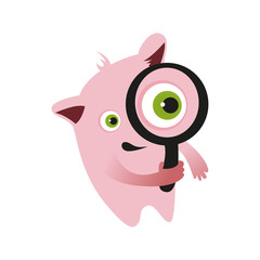 Pink Monster, Illustration for Kids, Magnifying Glass