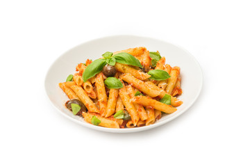Penne con sugo al pomodoro, olive, basilico e formaggio, Italian Pasta