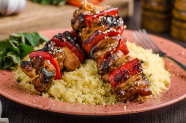 Chicken skewers say sauce
