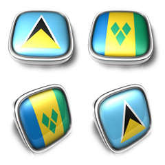3D Metalic Saint Lucia and Vincent Grenadines square flag Button Icon Design Series. 3D World Flag Button Icon Design Series.