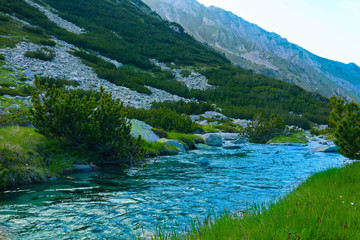 Naklejka na ściany i meble Beautiful view on the high green mountains peaks and a mountain river, blue sky background. Mountain hiking paradise landscape, A stream flows down the rocks, no people.