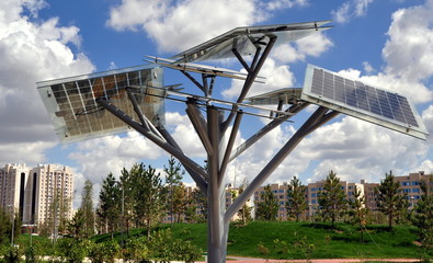 Solarbaum in einem Park vor strahlend blauem Himmel mit weißen Wölkchen