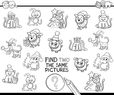 Find Identical Items Coloring Page With Xmas Pets