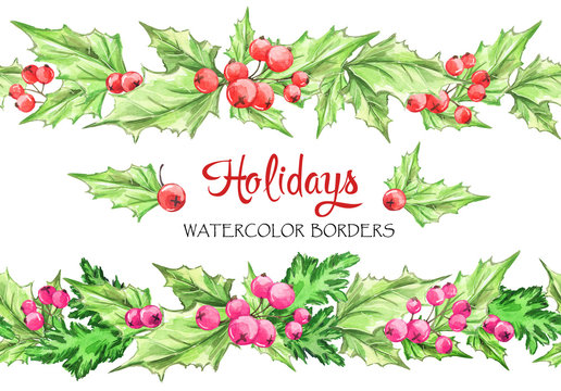 Watercolor horizontal garlands . Hand painted seamless floral borders with rowan and branches. Christmas. New Year. Can be use in winter holidays design, poster, invitation.