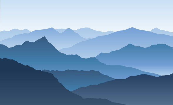Blue vector landscape with silhouettes of misty mountains