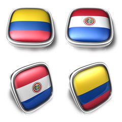 3D Metalic Colombia and Paraguay square flag Button Icon Design Series. 3D World Flag Button Icon Design Series.
