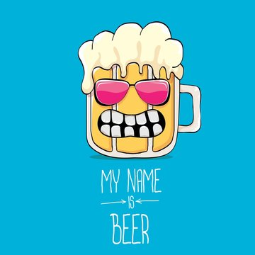 vector cartoon funky beer glass character on blue