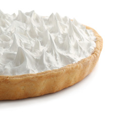 Delicious coconut cream pie on light background