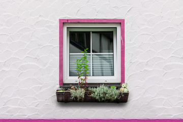 Kitschiges Fenster an einer Hausfassade mit pinken Farbakzenten