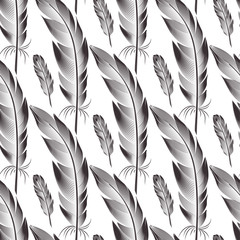 Seamless pattern of black big and small feathers. Contours vector graphics