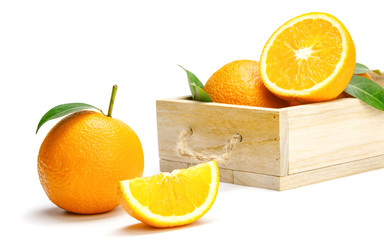 Fresh orange with picked in a wooden box and on white background, Fresh fruits Orange on white background, Selective focus on