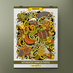 Cartoon colorful hand drawn doodles Oktoberfest poster template.