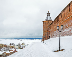 Kremlin is a fortress in the historic city center of Nizhny Novgorod in Russia. Winter.