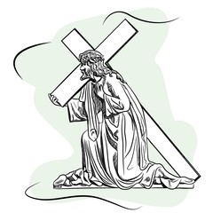 Marble sculpture Jesus Christ, the Son of God wears a cross before crucifixion. Vector illustration