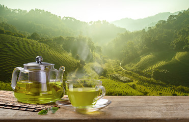 Warm cup of green tea and glass jugs or jars and green tea leaf on wooden table with the tea plantations background